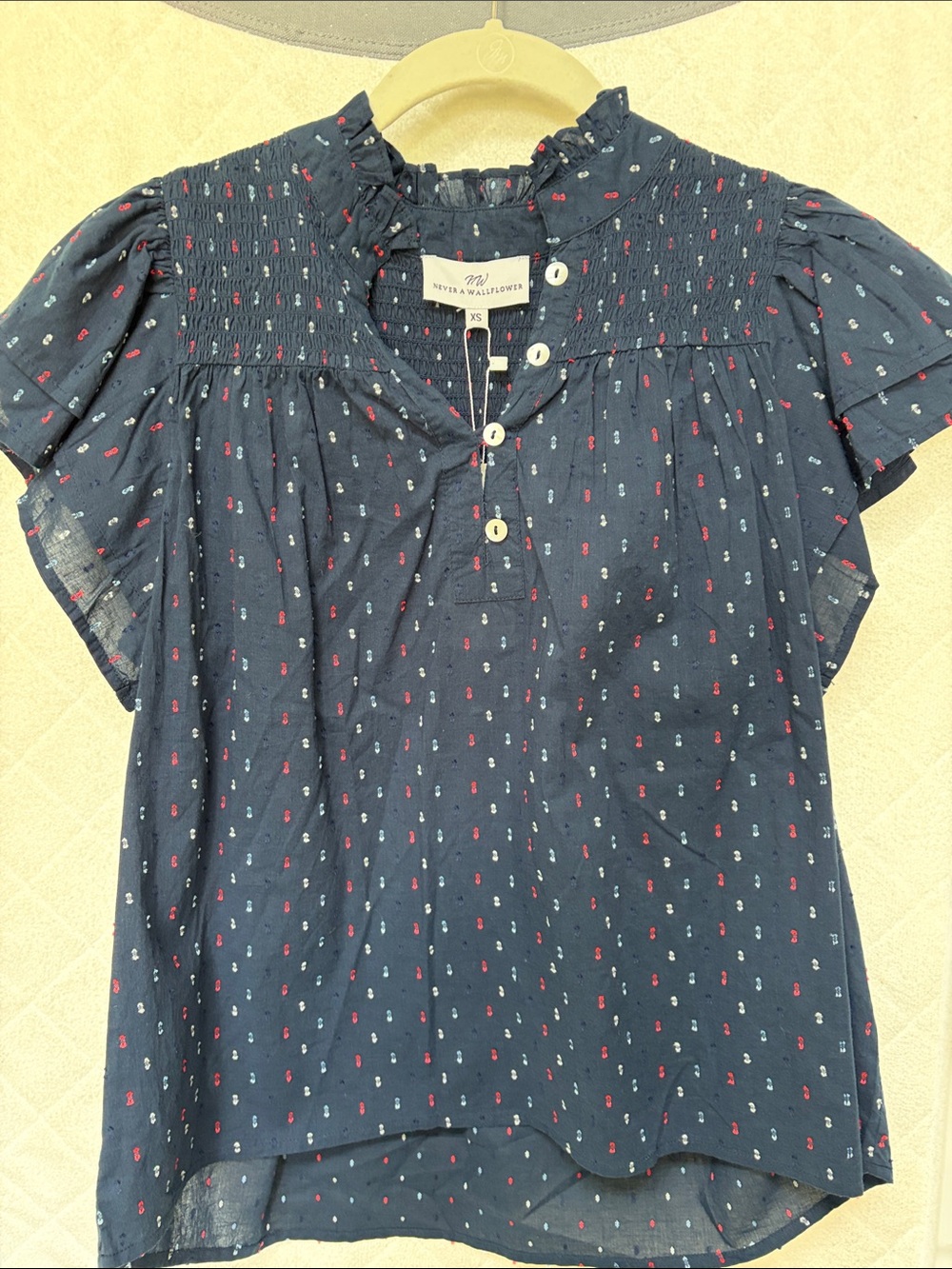 Navy Smocked Short Sleeve Blouse